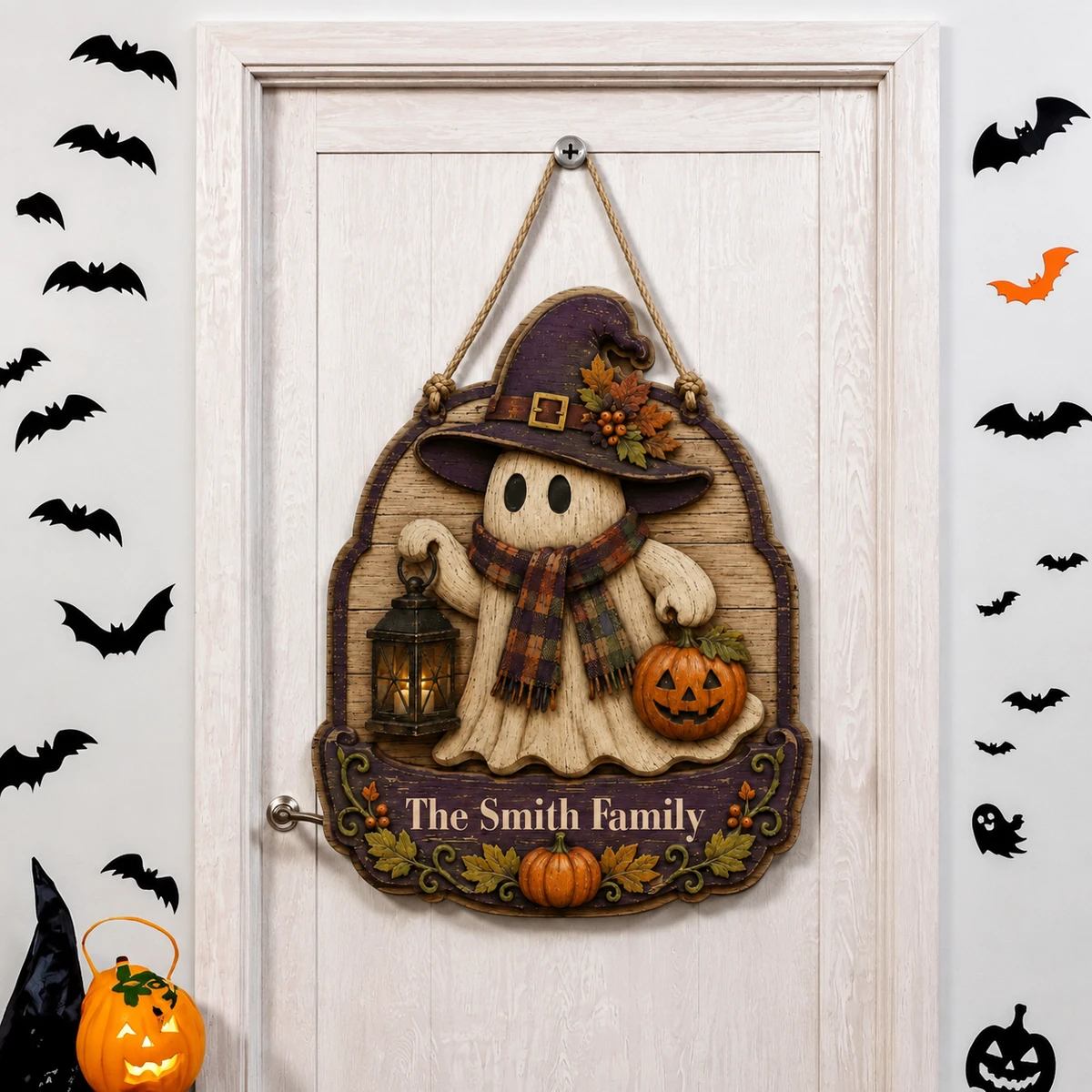 Custom Family Halloween Door Hanger, Personalized Ghost Name Sign, Cozy Witch Ghost Pumpkin Decor, Vintage Fall Home Decoration