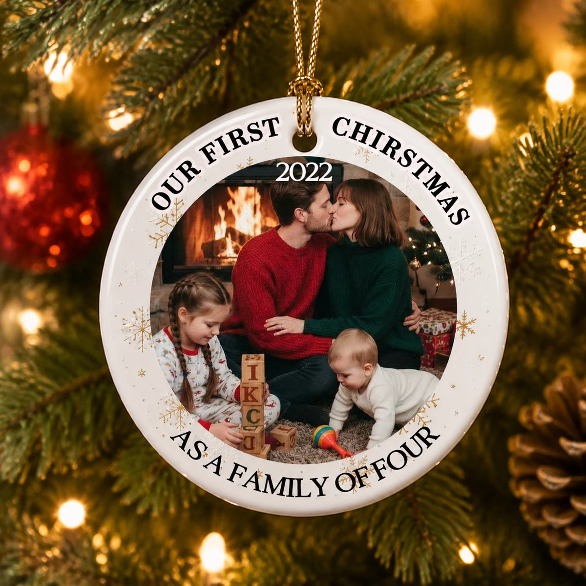 Personalized Ceramic Christmas Ornament Round Shape Custom Photo Family First Christmas Together Snowflake Christmas Gift