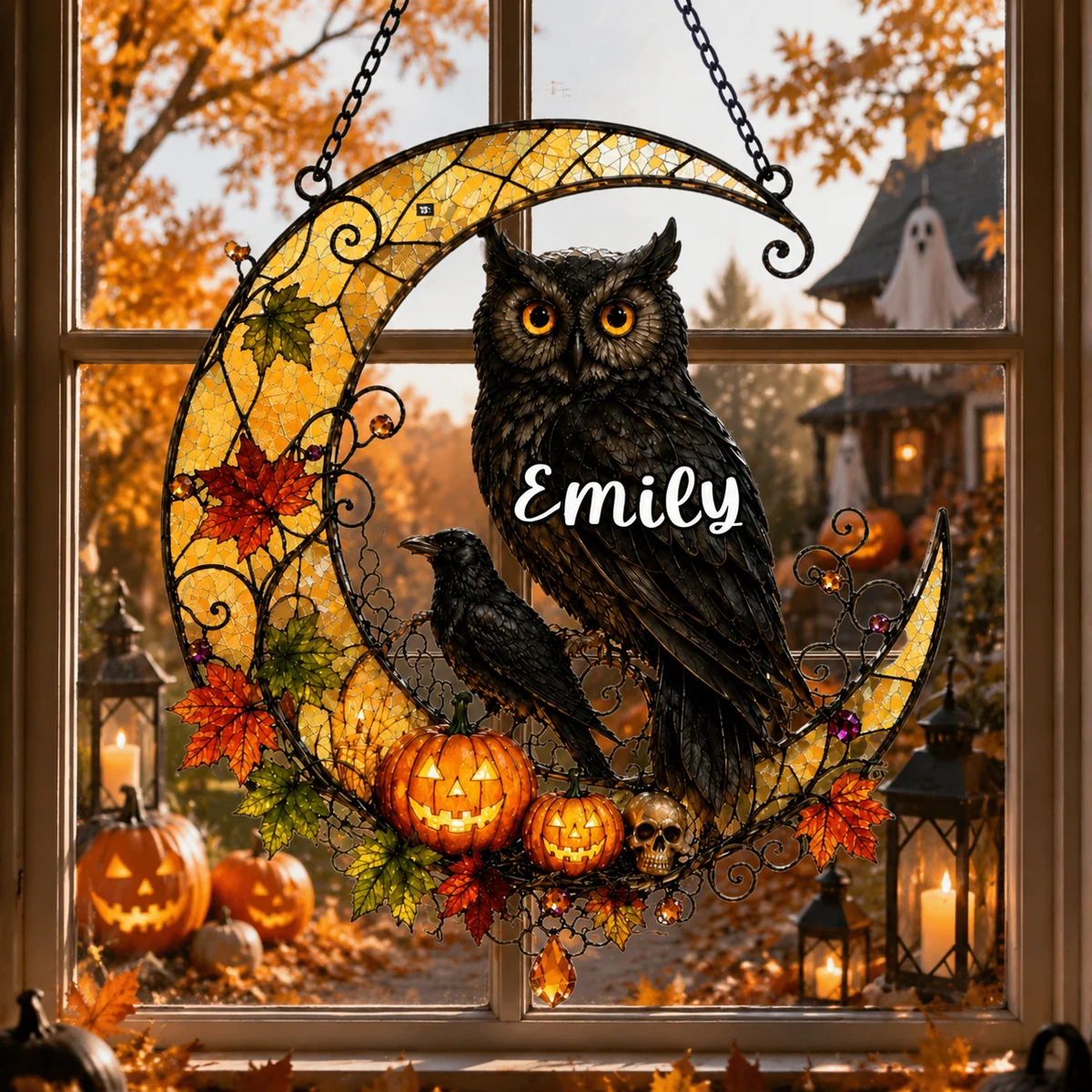 Personalized Owl And Raven Stained Glass Suncatcher, Custom Harvest Pumpkin Halloween Window Hanging, Spooky Fall Decor Gift