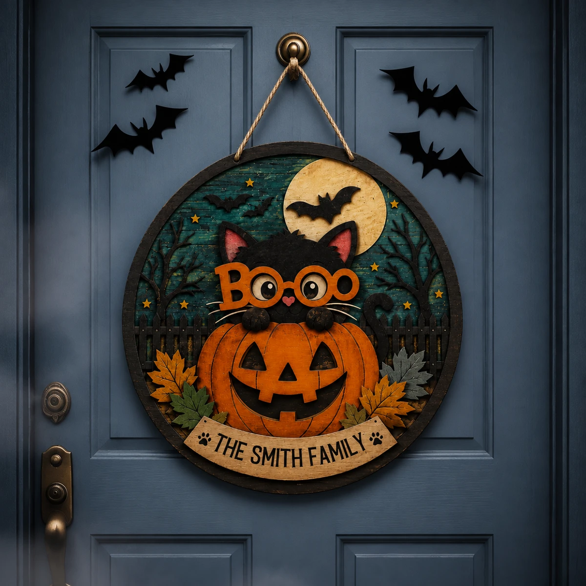 Personalized Halloween Cat Door Sign, Custom Family Name Pumpkin Plaque, Black Cat Boo Decor, Spooky Moon Front Door Gift