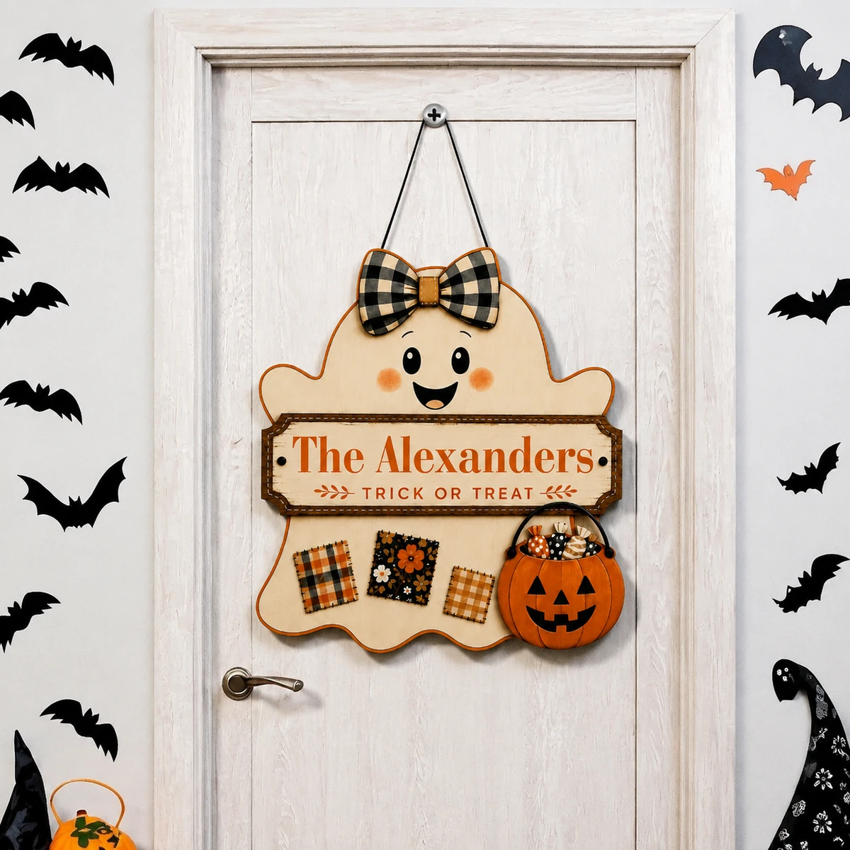 Personalized Trick Or Treat Halloween Sign, Custom Last Name Ghost Plaque, Pumpkin Basket Ghost Decor, Unique Family Holiday Gift