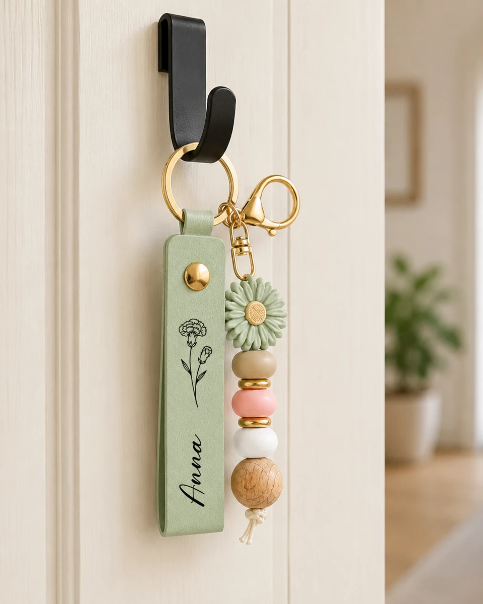 Custom Name & Birth Flower For Her, Sisters, Friends, Teacher, Coworkers - Personalized Beaded Keychain