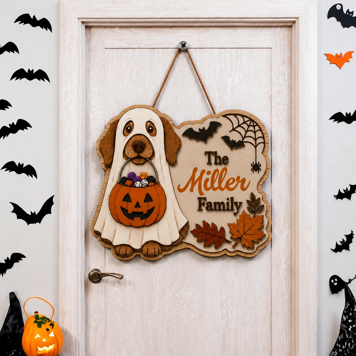 Personalized Ghost Dog Halloween Sign, Custom Family Name Door Plaque, Puppy Pumpkin Candy Decor, Unique Pet Lover Halloween Gift