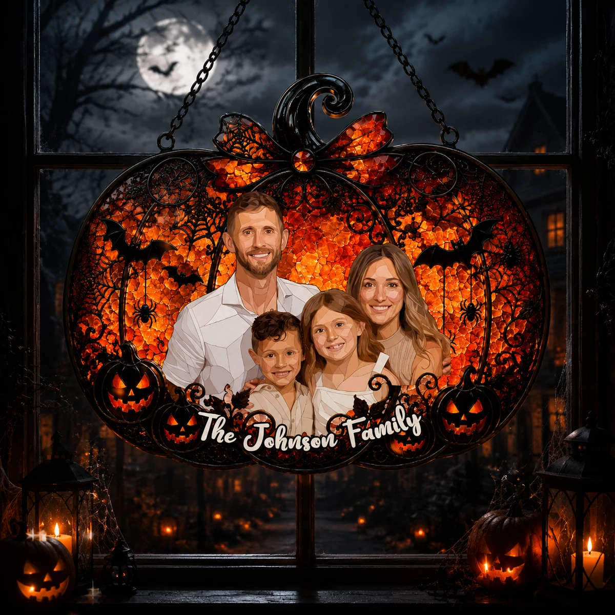 Personalized Family Pumpkin Stained Glass Suncatcher, Custom Photo Halloween Window Decor, Spooky Jack O Lantern Family Gift