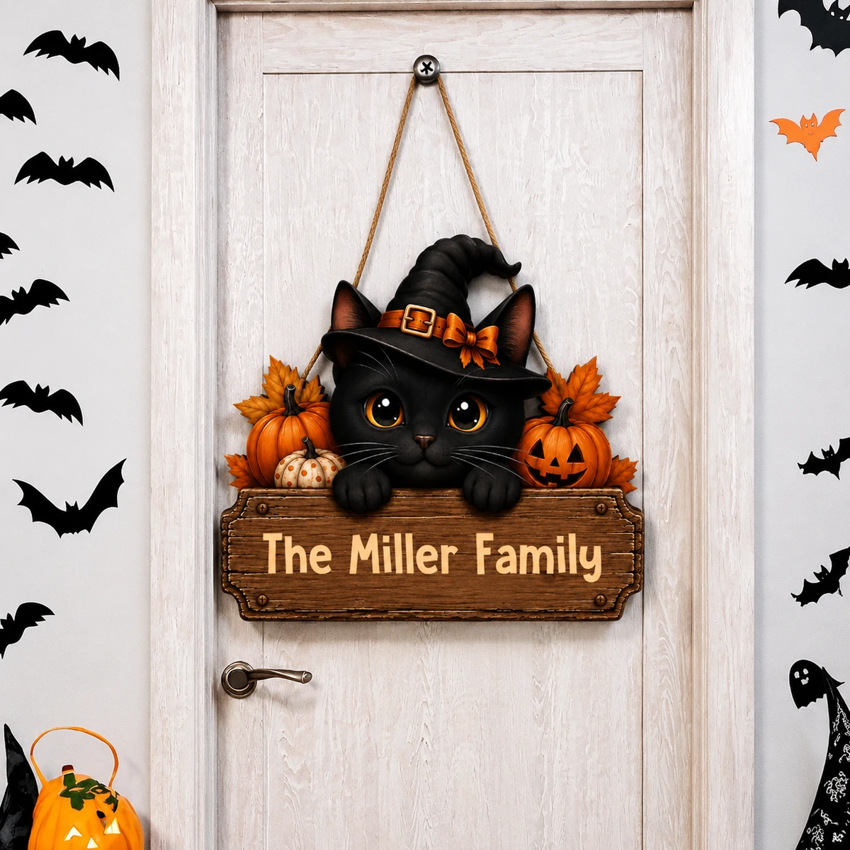 Custom Cat Lover Halloween Door Hanger, Personalized Name Black Cat Sign, Witch Hat Pumpkin Decor, Pet Lover Bedroom Door Gift