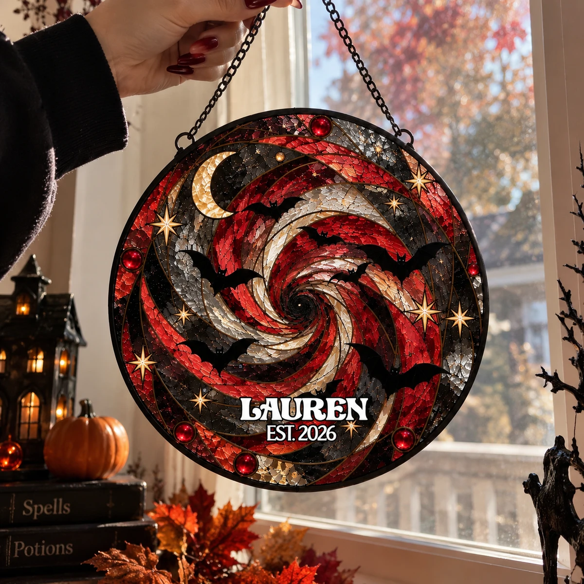 Custom Spiral Bat Halloween Suncatcher