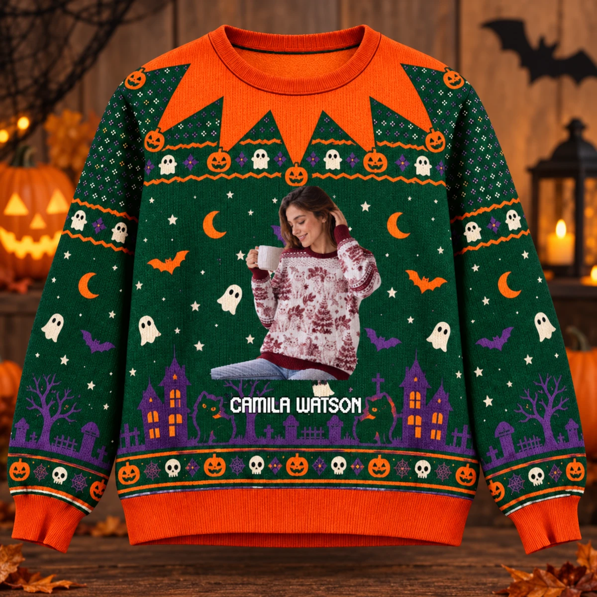 Haunted House Pumpkin Sweater- Personalized Halloween Sweatshirt With Custom Portrait And Name
