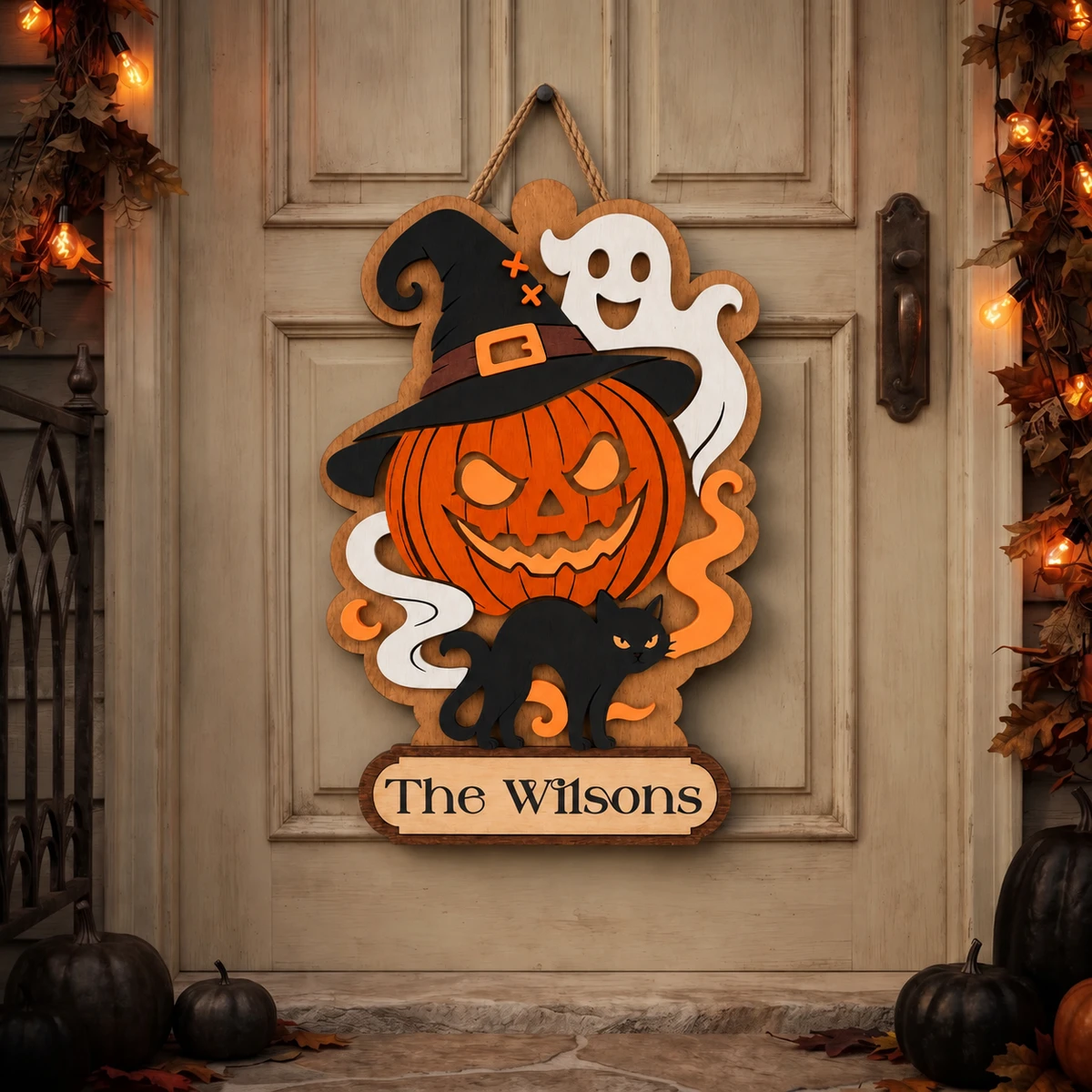 The Little Pumpkin Family Lives Here Personalized Halloween Sign, Custom Family Name Ghost Cat Door Decor, Cute Spooky Home Decoration
