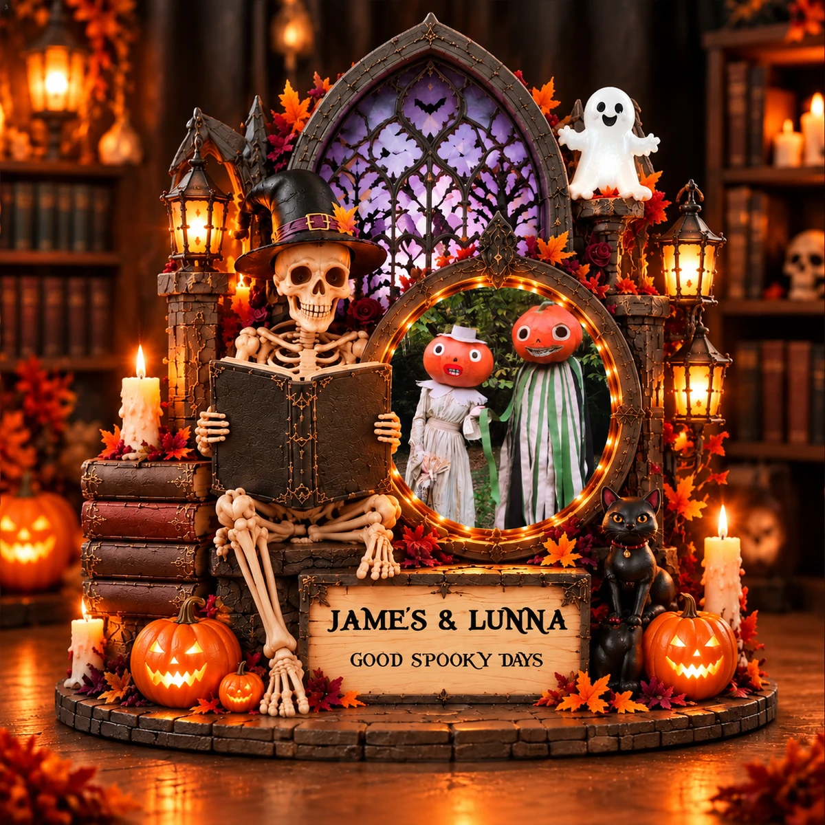 Personalized "Gothic Library Skeleton" Couple Photo Halloween Led Night Light