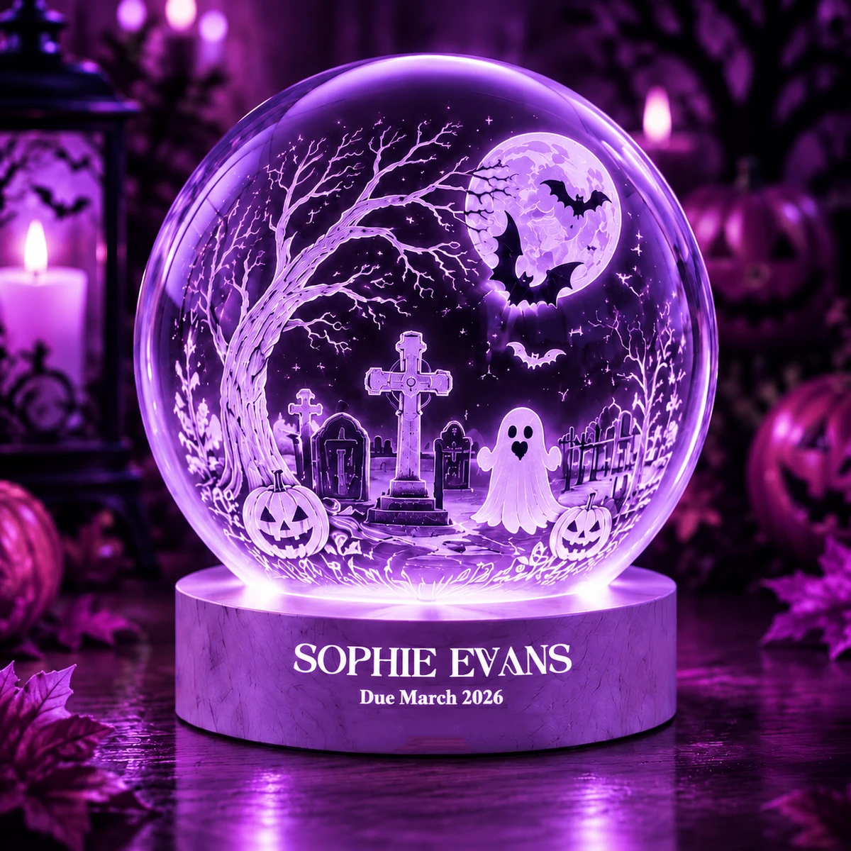 Personalized "Spooky Graveyard" Crystal Globe Halloween Led Night Light