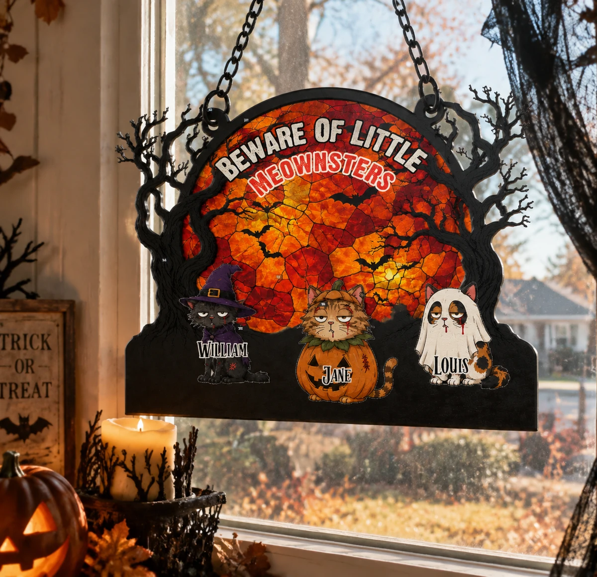 Custom Beware Of Little Meownsters Halloween Suncatcher