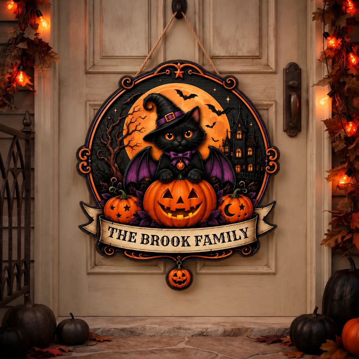 The Black Cat Guards This Home Personalized Halloween Sign, Custom Family Name Pumpkin Witch Decor, Moon Bat Front Door Decoration