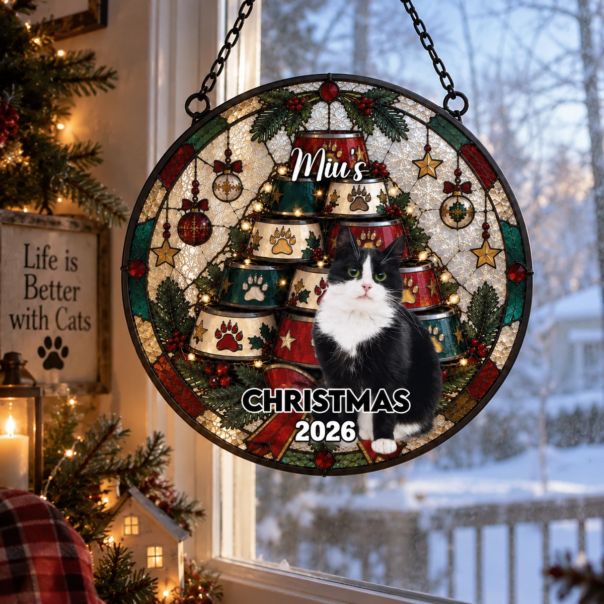 Custom Cat Photo Christmas Tree Suncatcher Gift