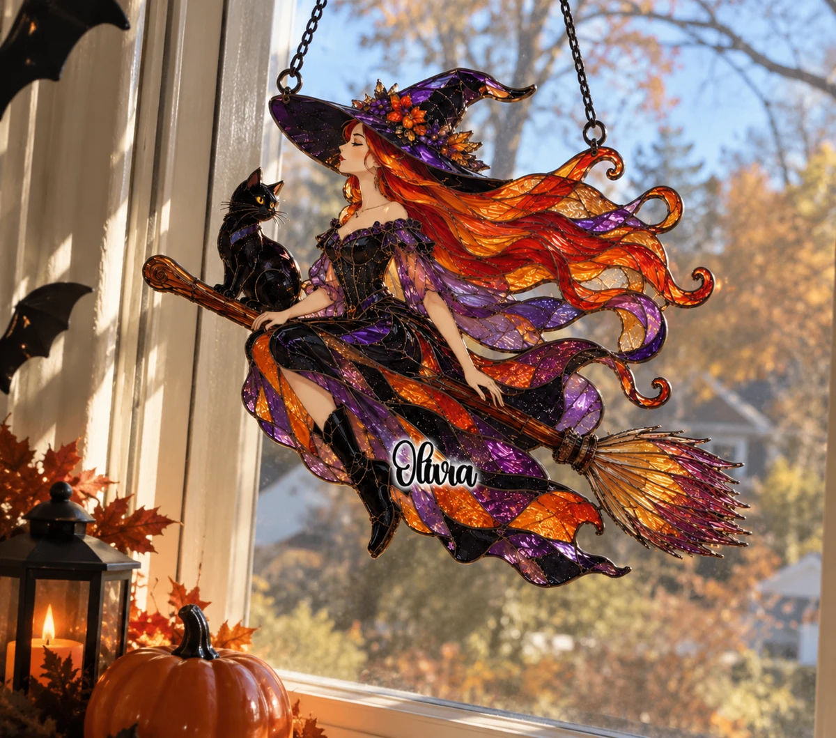 Custom Photo Halloween Pumpkin Cat Suncatcher