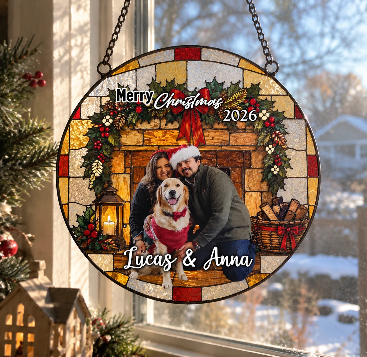 Custom Family Photo Christmas Fireplace Suncatcher