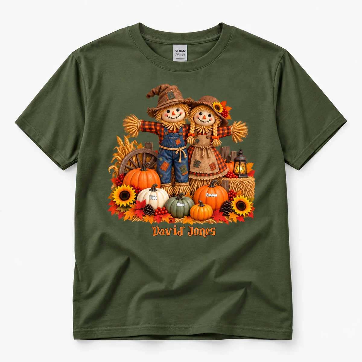 Personalized Autumn T-Shirt Custom Character And Name, Scarecrow Couple Pumpkin Harvest Shirt