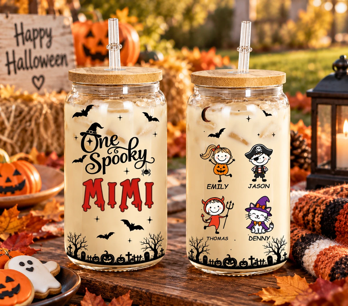 Personalized Transparent Glass Cup Custom Kids Names – Halloween Tumbler With Spooky Witch Ghost Pumpkin Design