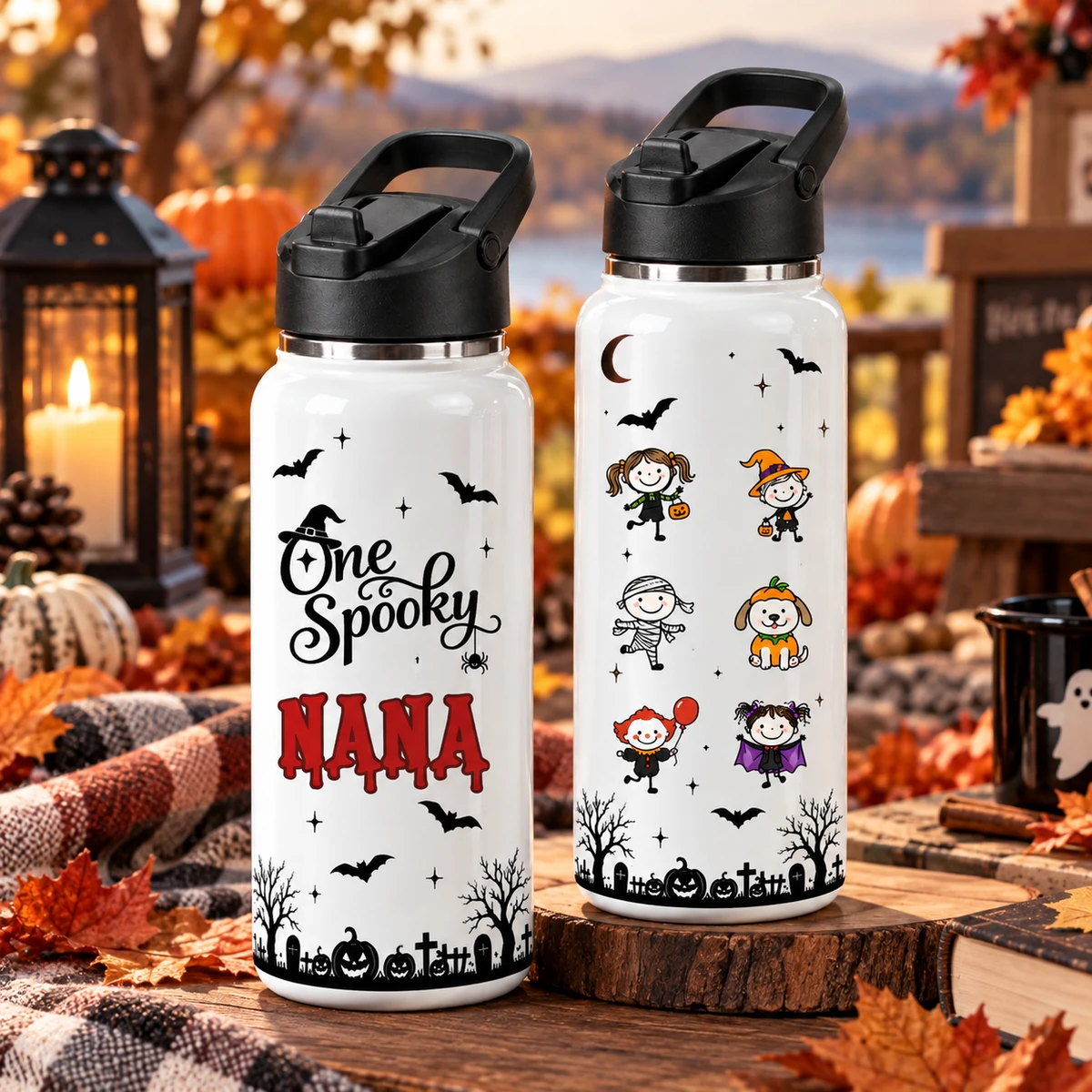 Personalized Stainless Steel Water Bottle Custom Kids Names – Halloween Spooky Witch Pumpkin Bottle