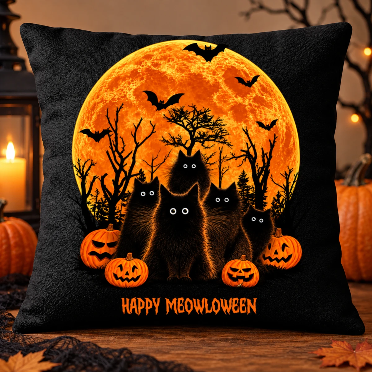 Happy Meowloween Pillow Custom Text Black Cat Halloween Throw Pillow Gift