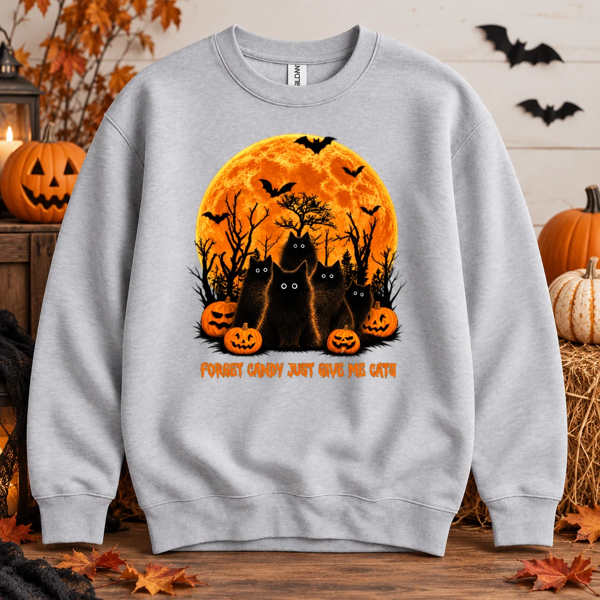 Personalized Halloween Cat Sweatshirt Custom Name Black Cat Pumpkin Moon Spooky Fall Gift