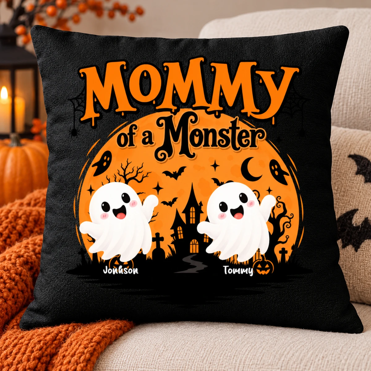 Personalized Mommy Of A Monster Pillow Custom Name Halloween Ghost Family Throw Pillo