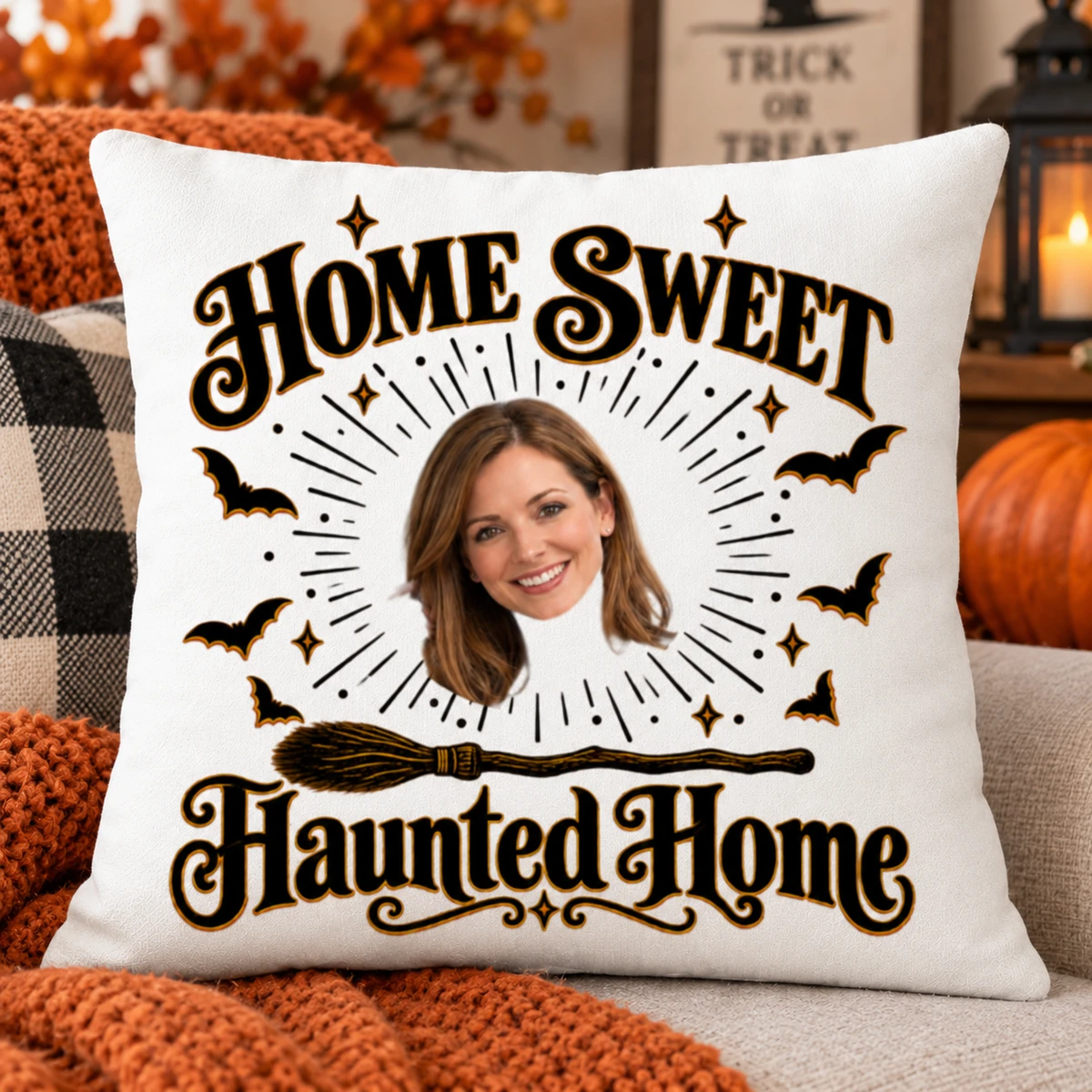 Custom Photo Halloween Pillow Home Sweet Haunted Home Personalized Face Cushion