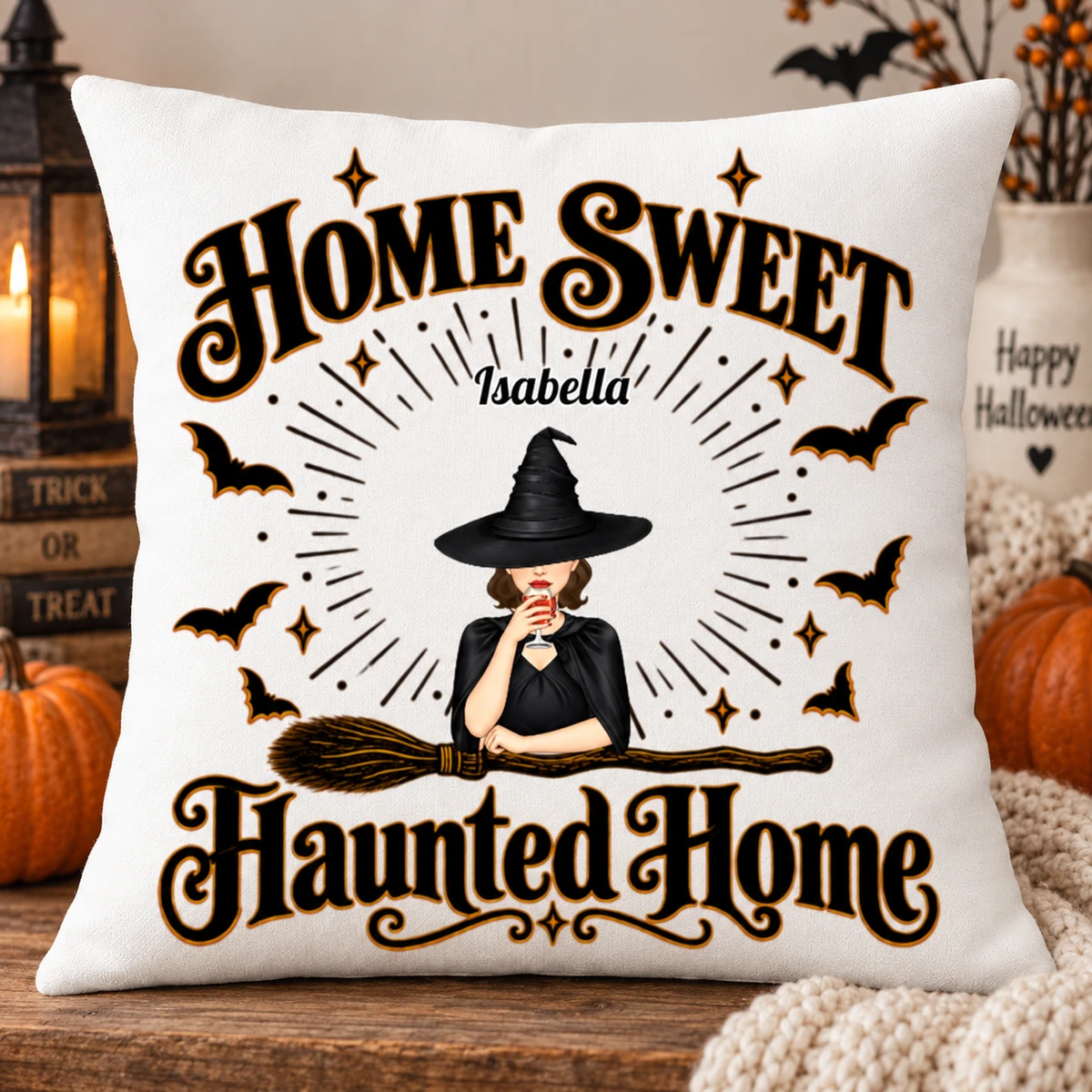 Custom Witch Halloween Pillow Personalized Name Haunted Home Spooky Season Decor