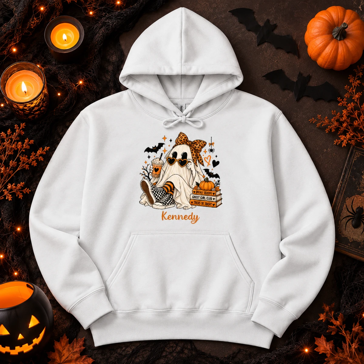 Custom Name Halloween T Shirt, Ghost Girl Pumpkin Graphic Sweatshirt Hoodie, Personalized Spooky Halloween Shirt, Cute Gift For Her