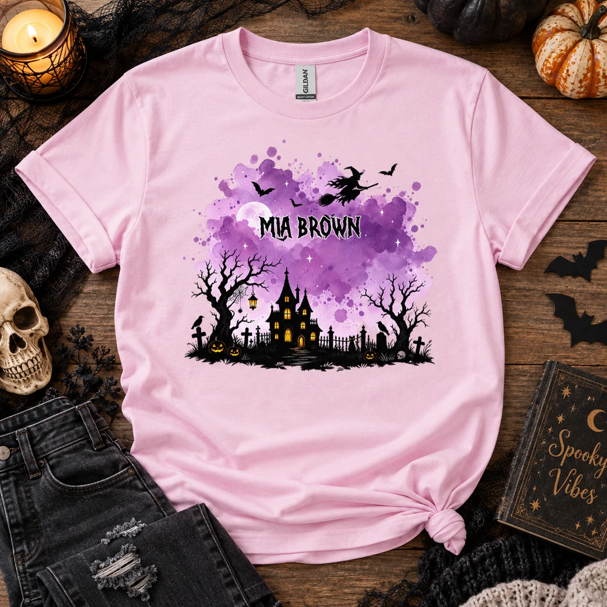 Custom Name Halloween Shirt Choose Background Haunted Castle Witch Spooky Season Tee