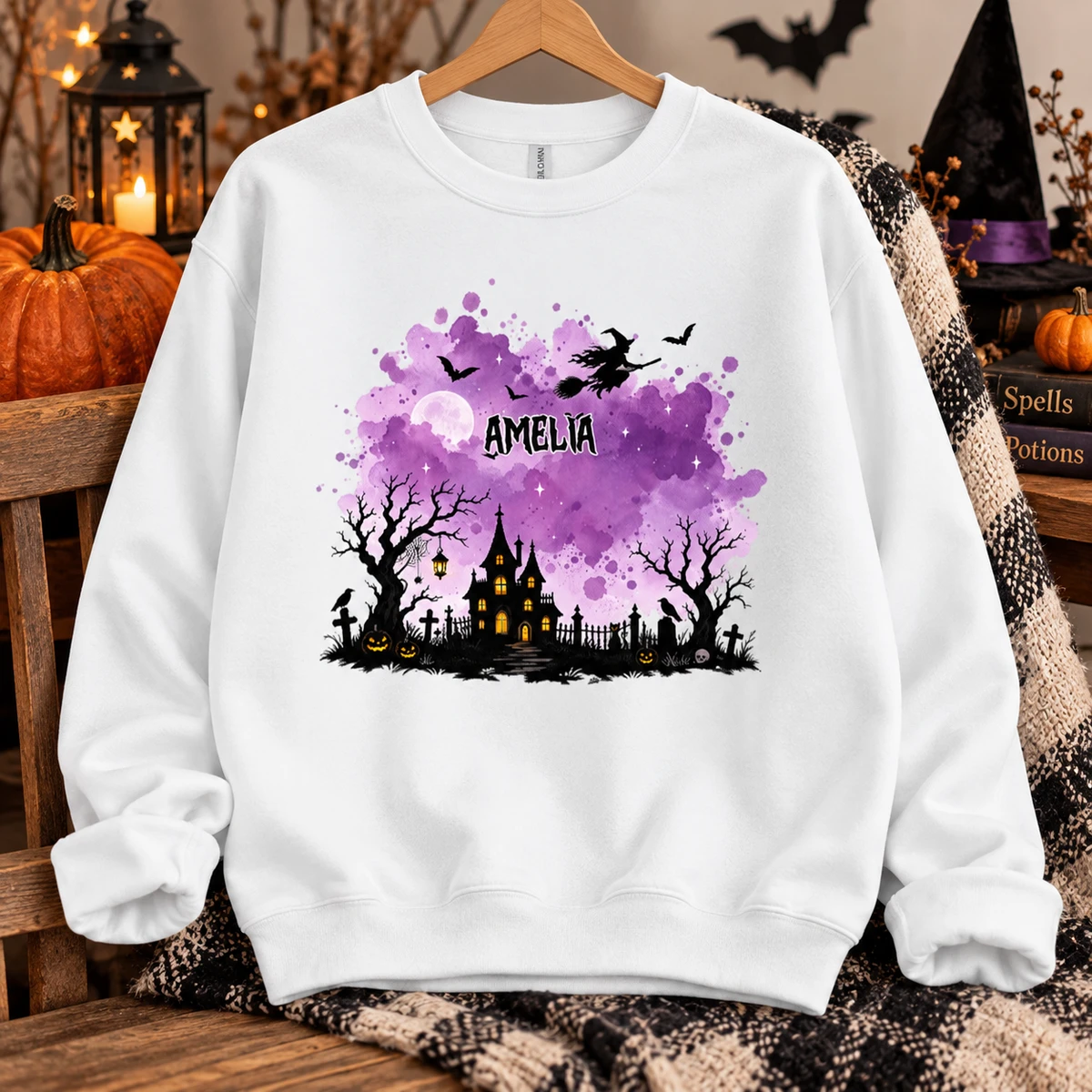 Custom Name Halloween Sweatshirt Choose Background Haunted Castle Spooky Season Sweater
