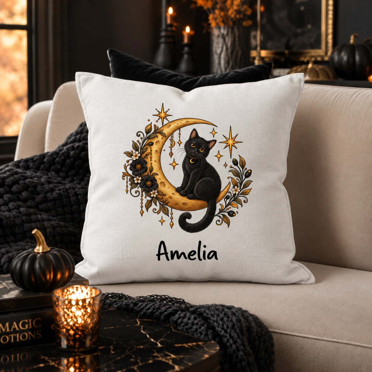 Personalized Halloween Pillow Custom Name, Black Cat Crescent Moon Cushion, Gothic Floral Celestial Throw Pillow, Witchy Fall Home Decor Gift