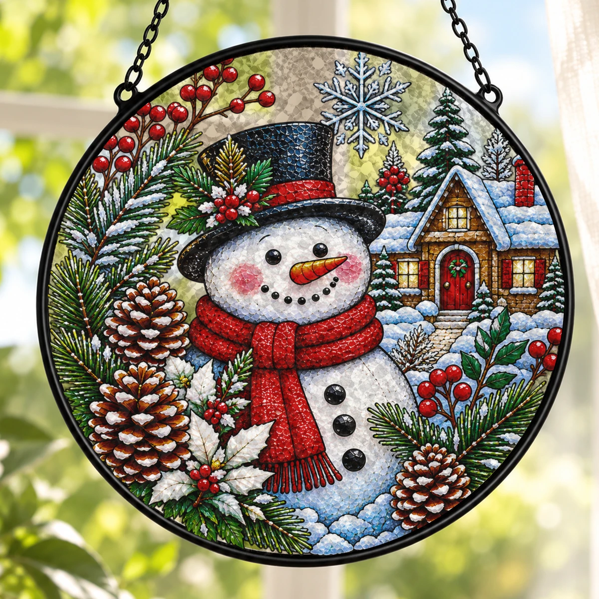 Snowman Christmas Suncatcher, Winter Stained Glass Window Hanging, Snowy Cabin Holiday Decor, Christmas Gift For Family And Friends