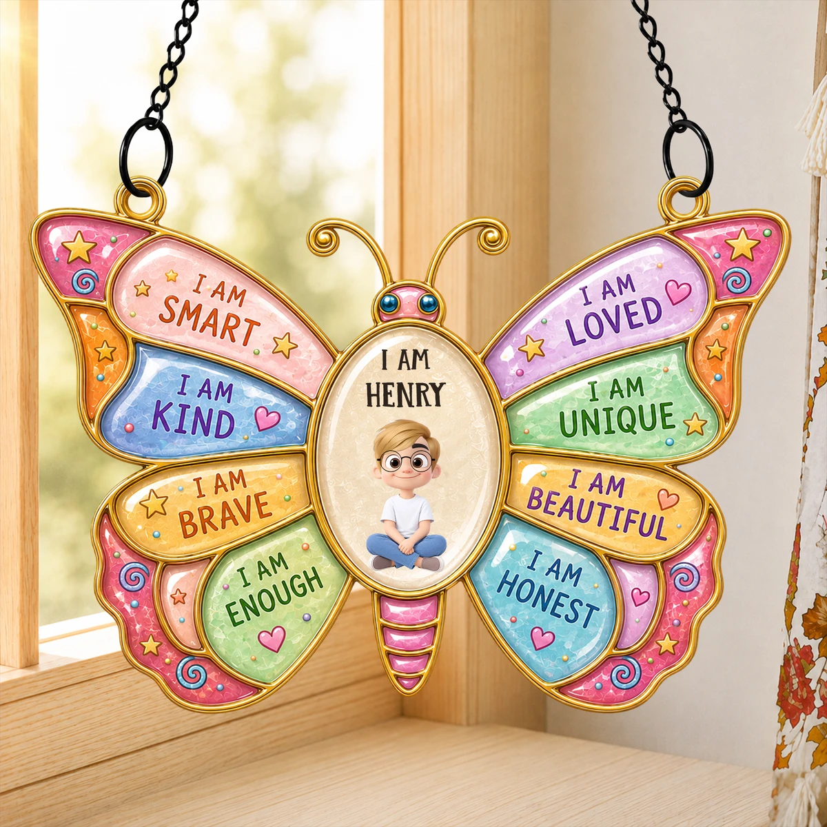 Personalized Butterfly Acrylic Suncatcher Custom Character With Name - Positive Affirmation Kids Room Decor, Inspirational Gift For Children