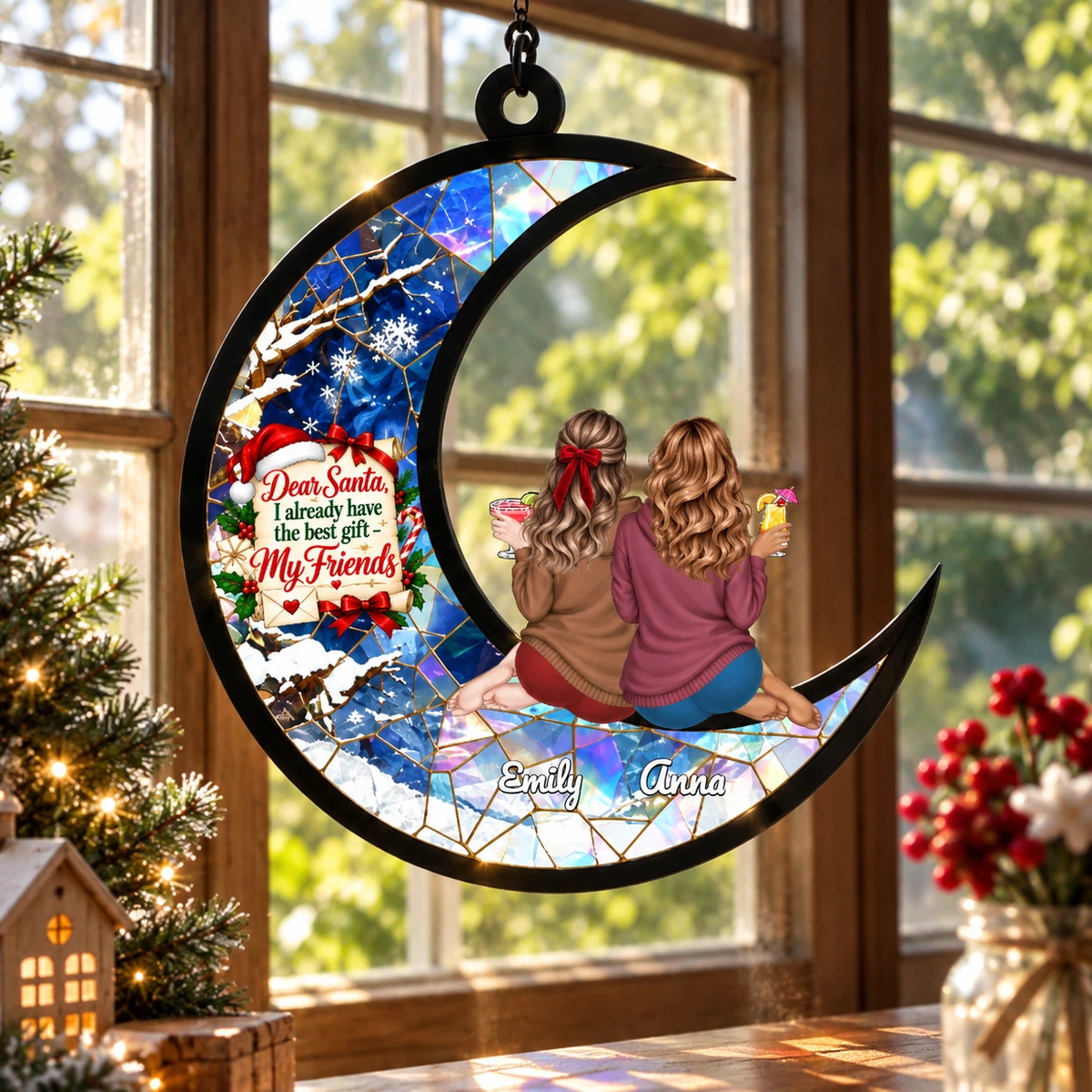Custom Best Friend Christmas Suncatcher, Personalized Names Moon Stained Glass Decor, Friendship Window Hanging, Christmas Gift For Friends