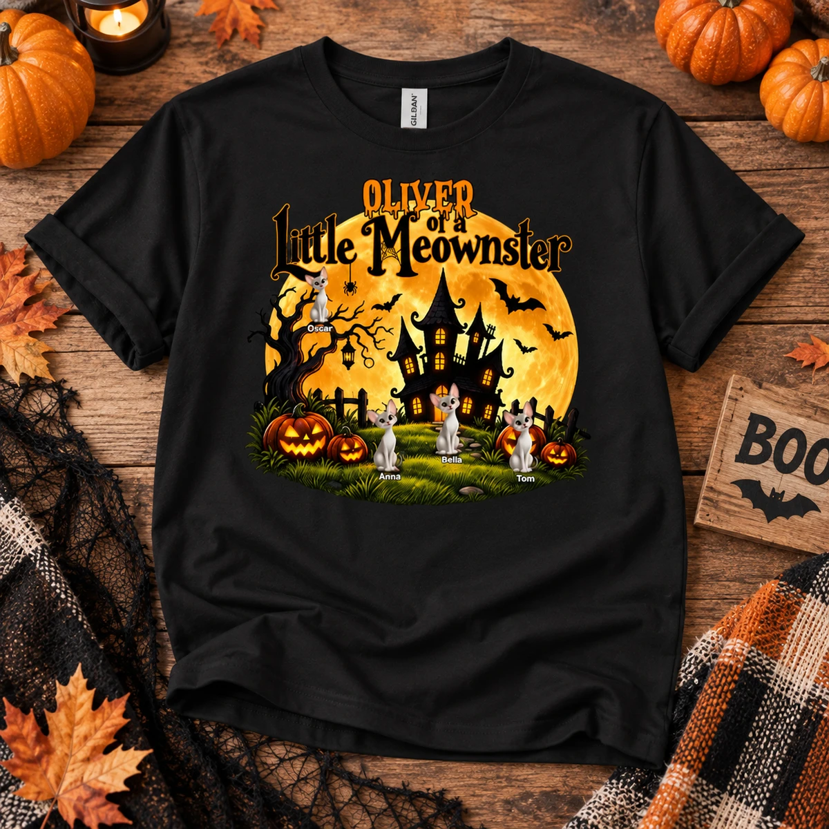 Personalized Cat Halloween T-Shirt Custom Character And Name, Little Meowster Pumpkin Haunted House Shirt