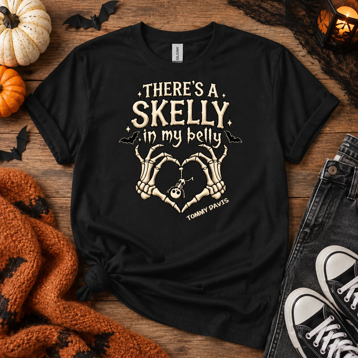 There'S A Skelly In My Belly Graphic Shirt - Personalized Skeleton T-Shirt Custom Name Halloween Tee