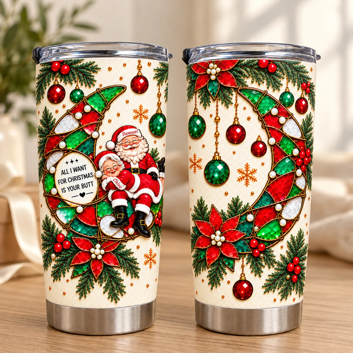 Funny Christmas Tumbler 20oz, Personalized Santa Couple Travel Cup, Cheeky Christmas Gift For Husband Wife, Festive Double-Sided Holiday Tumbler