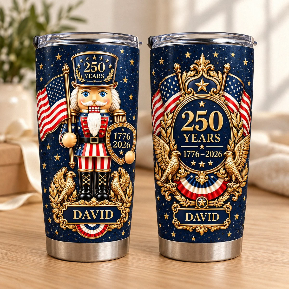 Personalized 250th Anniversary Tumbler 20oz, Custom Name Patriotic Travel Cup, 1776–2026 American Eagle Nutcracker Tumbler, Usa Gift