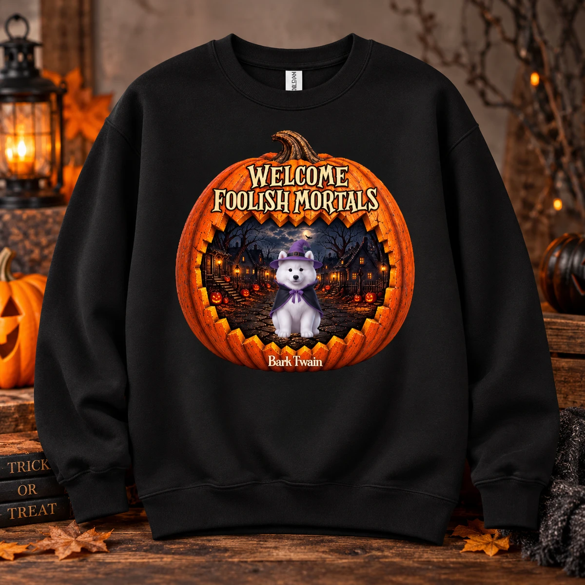 Personalized Welcome Foolish Mortals Sweatshirt, Cute Witch Dog Pumpkin Graphic, Custom Name Halloween Pullover