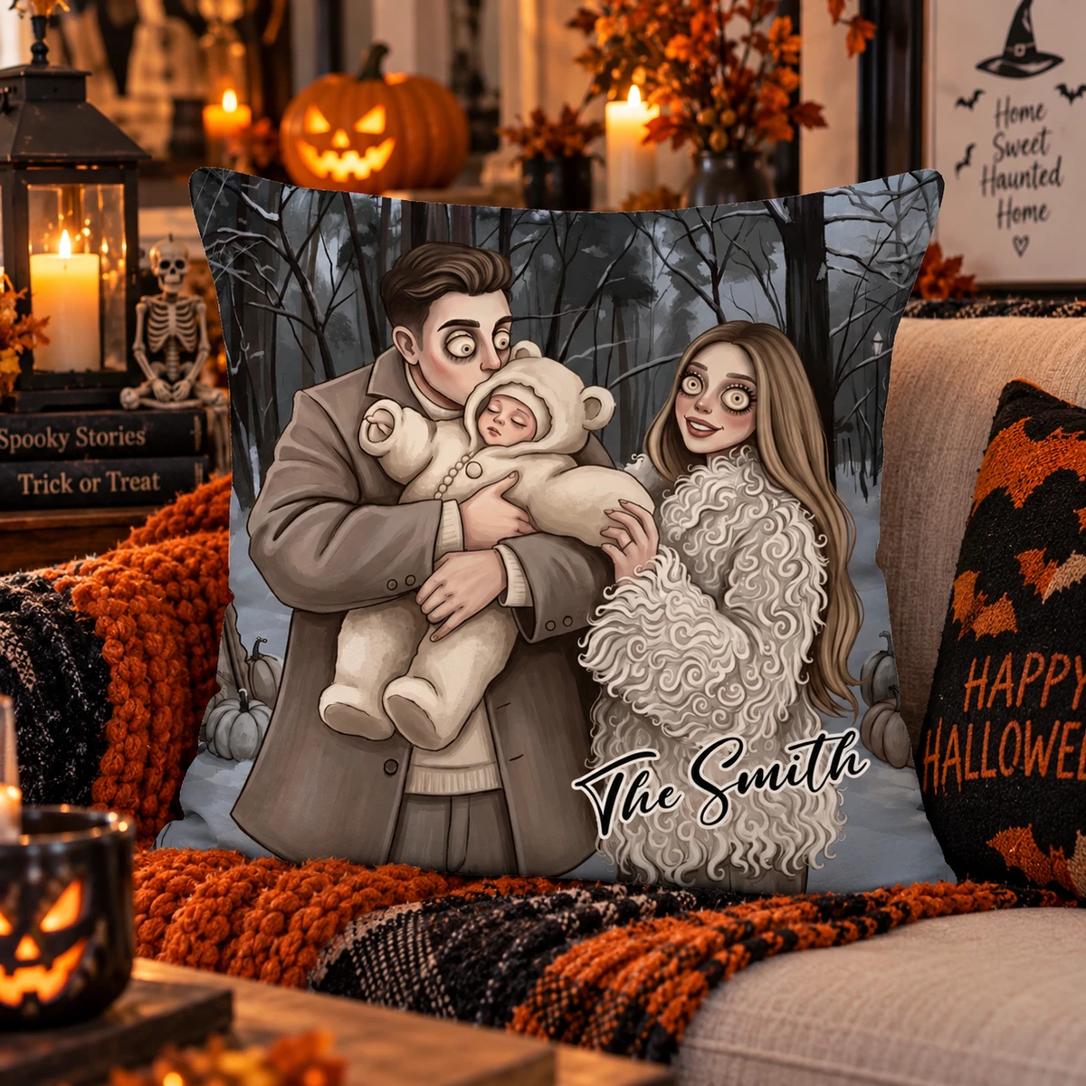 Personalized Pillow Custom Family Photo & Name – Halloween Family Portrait Cushion, Cozy Home Decor Gift