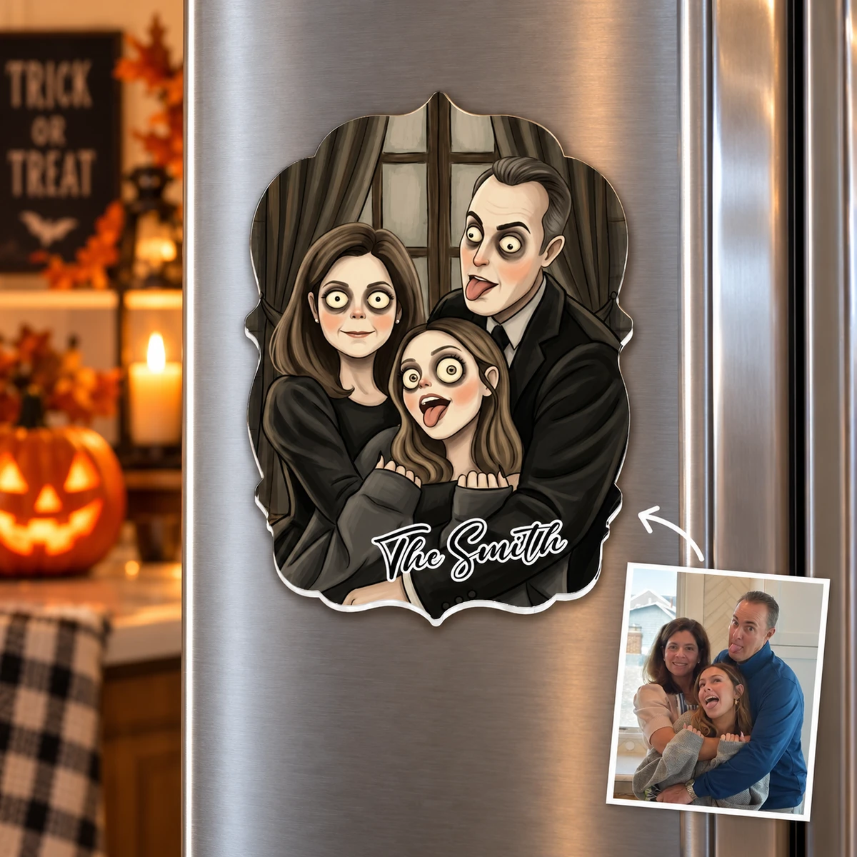Personalized Refrigerator Magnet Custom Family Photo & Name – Halloween Gothic Family Portrait Fridge Magnet Home Decor Gift