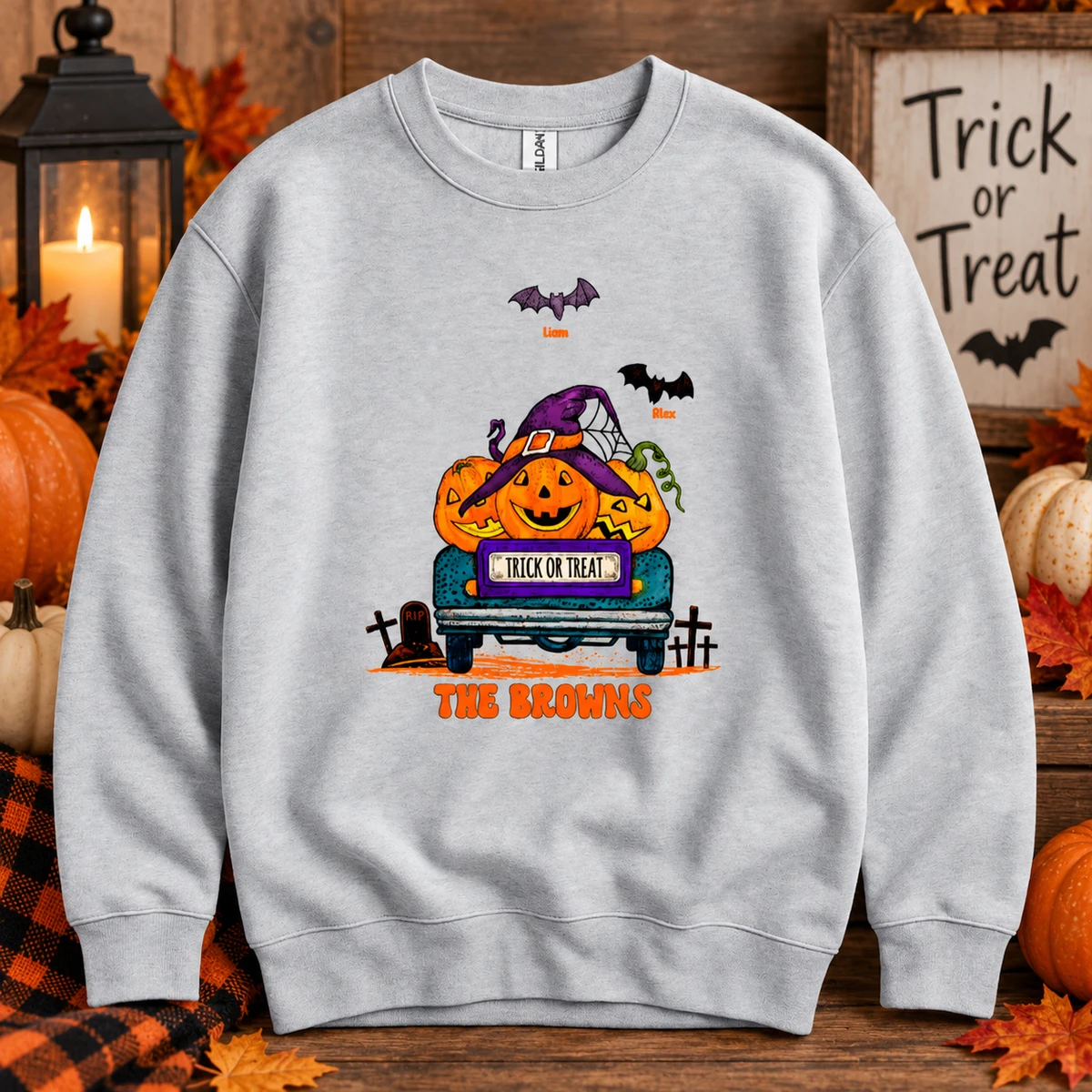 Personalized Pumpkin Halloween Sweatshirt, Custom Family Name And Bat Clipart, Spooky Season Matching Family Pullover