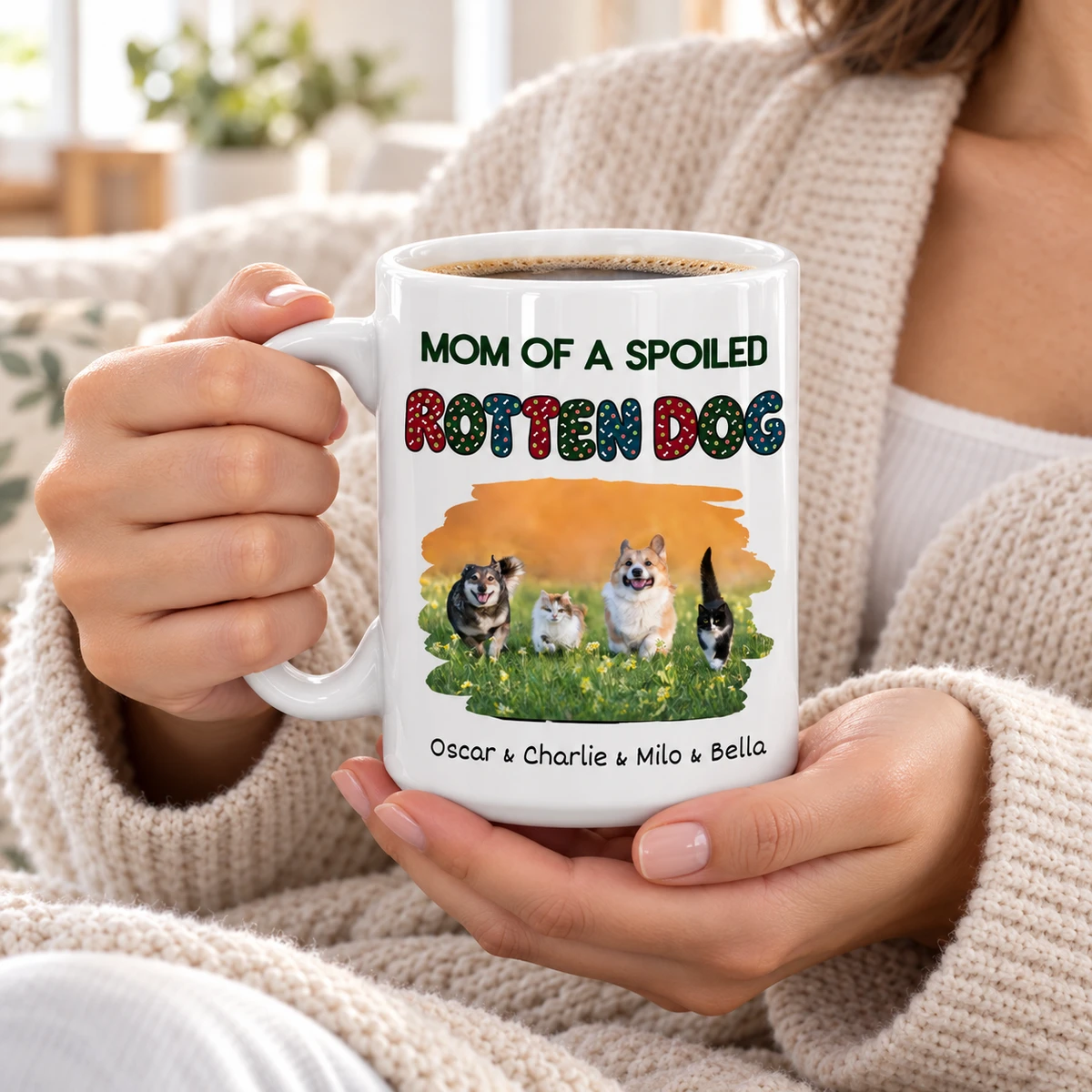 Personalized Mom Of A Spoiled Rotten Dog Mug – Custom Pet Photo And Names Ceramic Coffee Mug, Funny Dog Mom Gift, Pet Lover Birthday Gift, Christmas Gift For Dog Owners