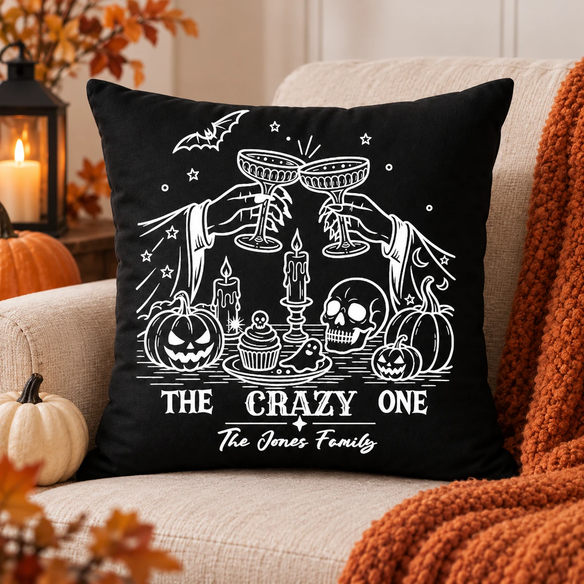 Personalized Spooky Halloween Throw Pillow - Custom Family Name Pumpkin Skull Cocktail Design