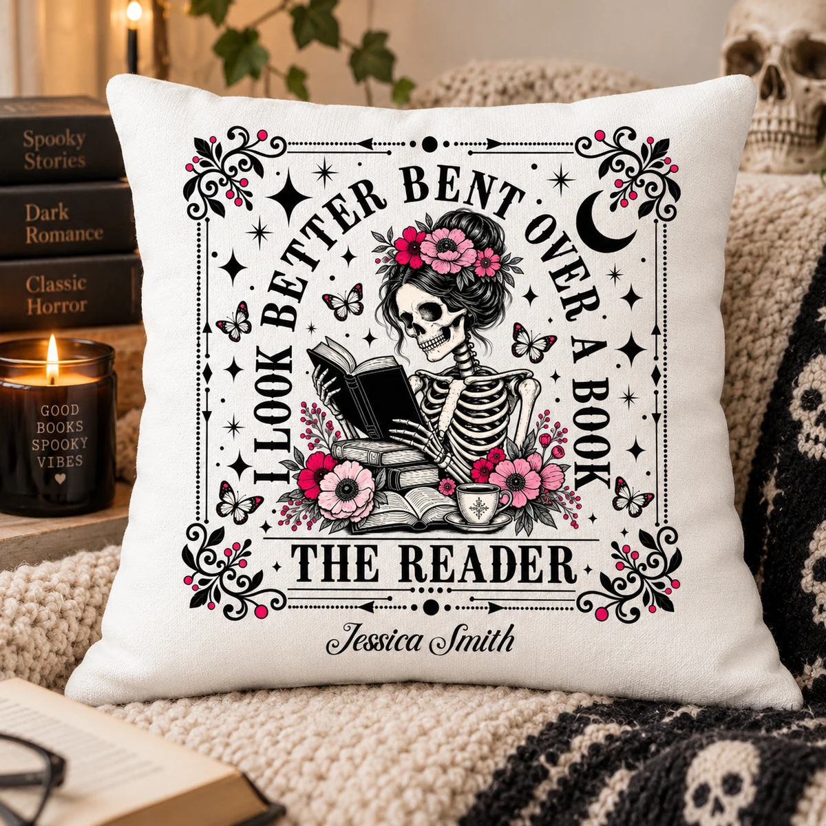 Custom Name Skeleton Reading Books Design - Personalized Gothic Bookworm Pillow