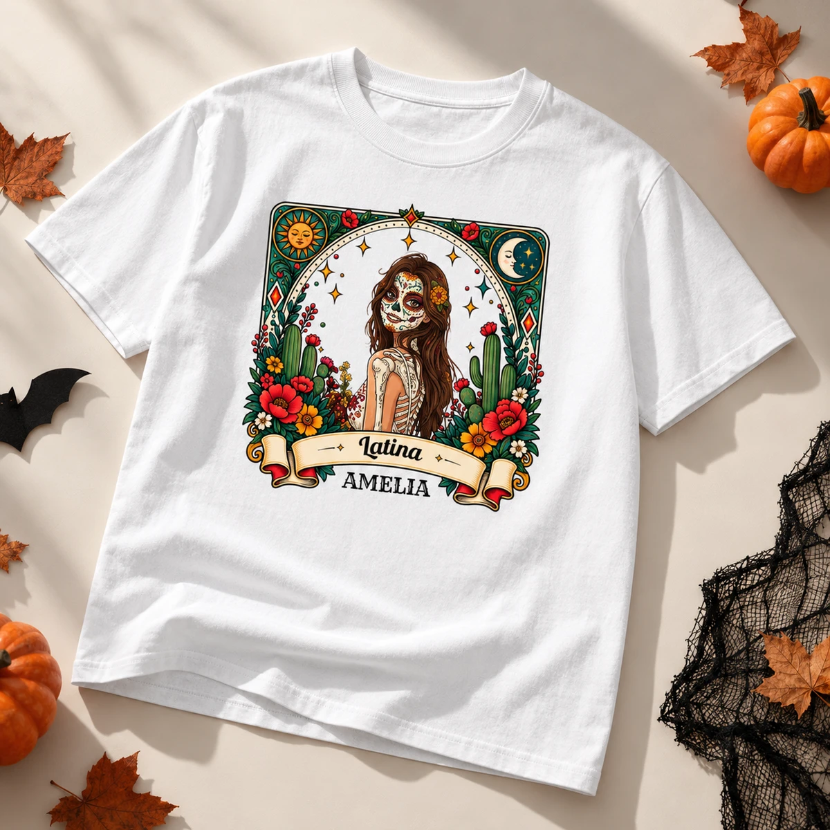 Personalized Latina T Shirt Custom Photo & Name, Sugar Skull Floral Portrait Tee, Day Of The Dead Inspired Shirt, Unique Gift For Her