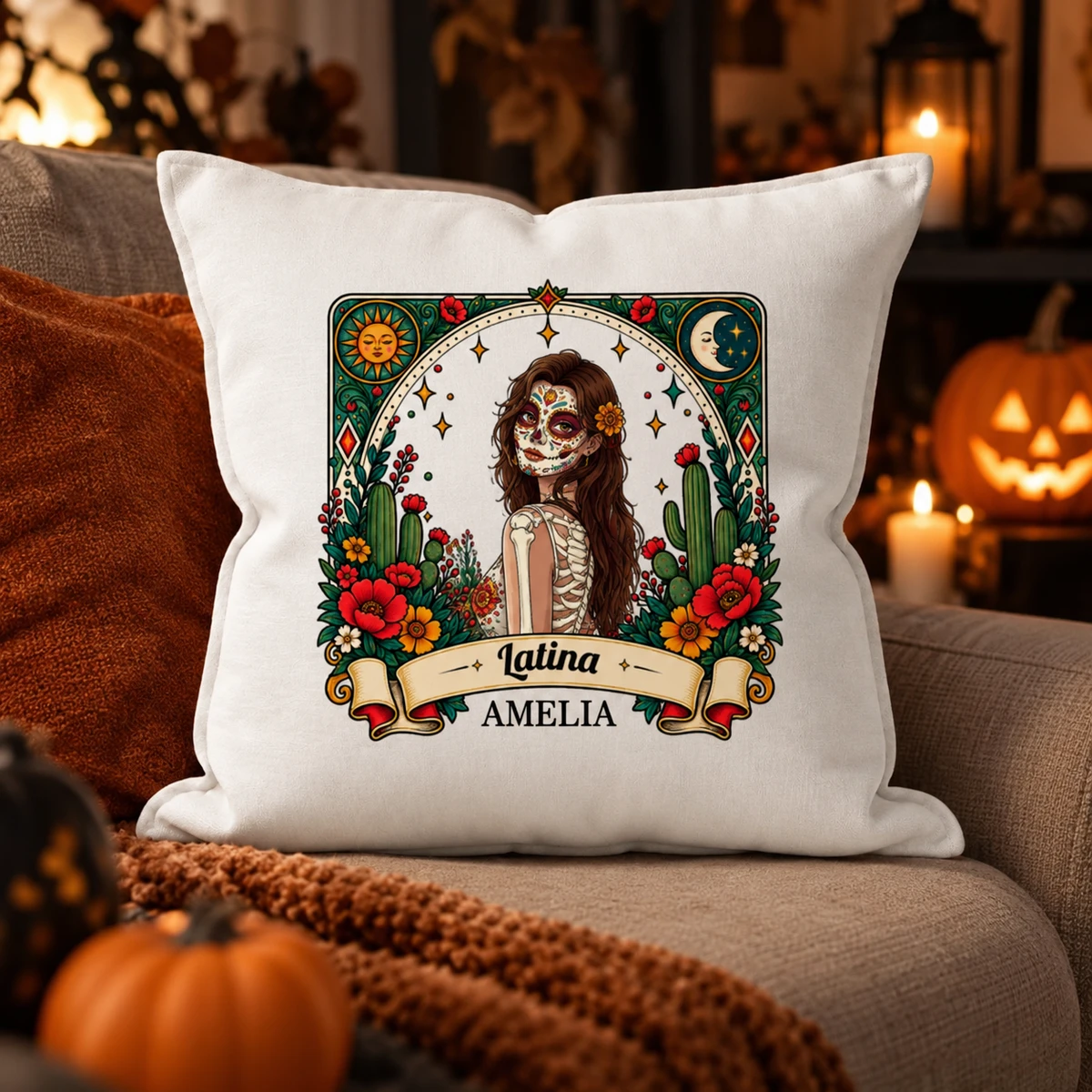 Personalized Mama Pillow Custom Photo & Name, Sugar Skull Floral Portrait Cushion, DíA De Los Muertos Inspired Decor, Meaningful Gift