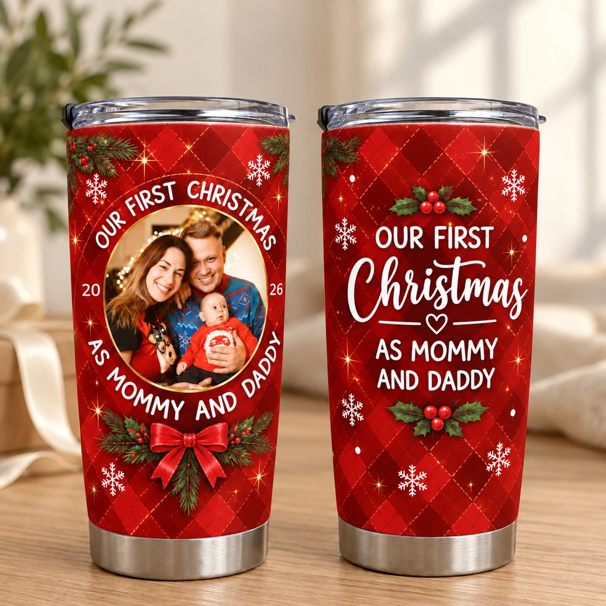 Personalized 20oz Tumbler Custom Family Photo – Our First Christmas Mommy & Daddy Holiday Keepsake Gift
