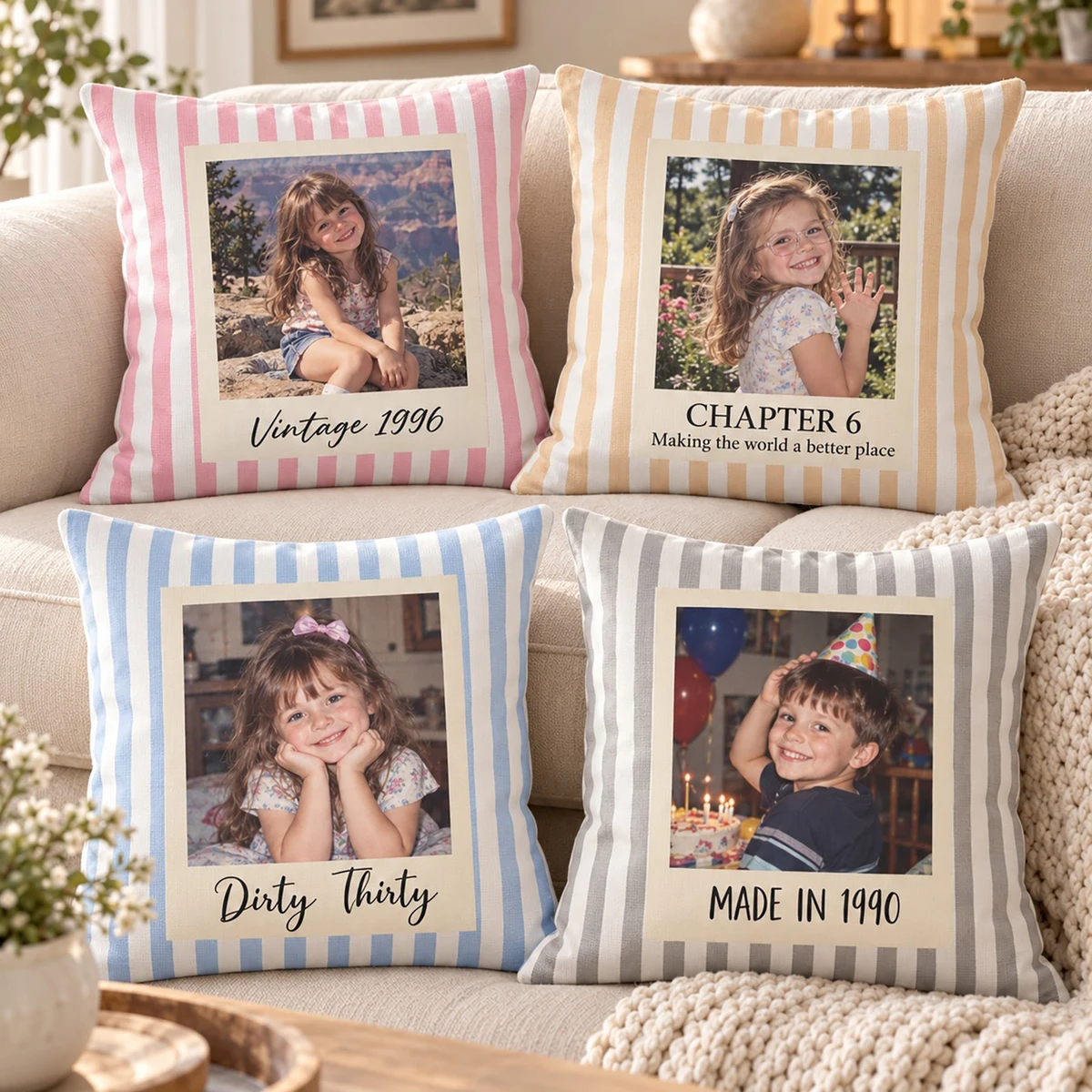 Personalized Memory Pillow Custom Photo & Text, Vintage Polaroid Style Cushion, Childhood Keepsake Home Decor, Meaningful Gift For Family