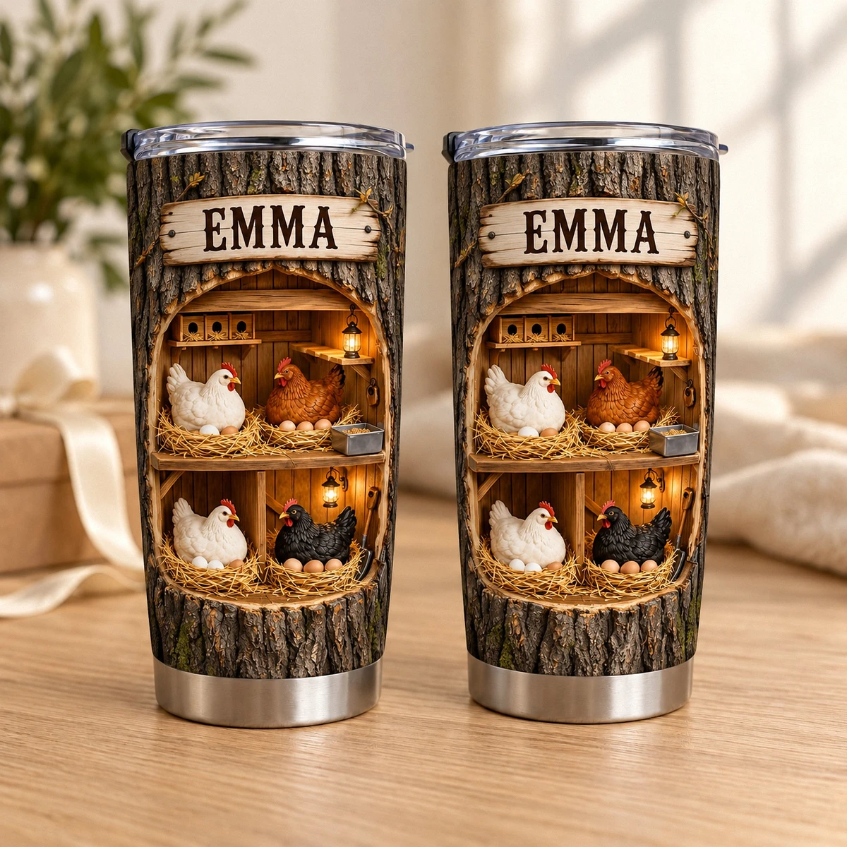 Personalized Chicken Tumbler 20oz Custom Text, Rustic Farmhouse Hen Travel Cup, Cozy Country Coop Drink Tumbler, Gift For Chicken Lovers